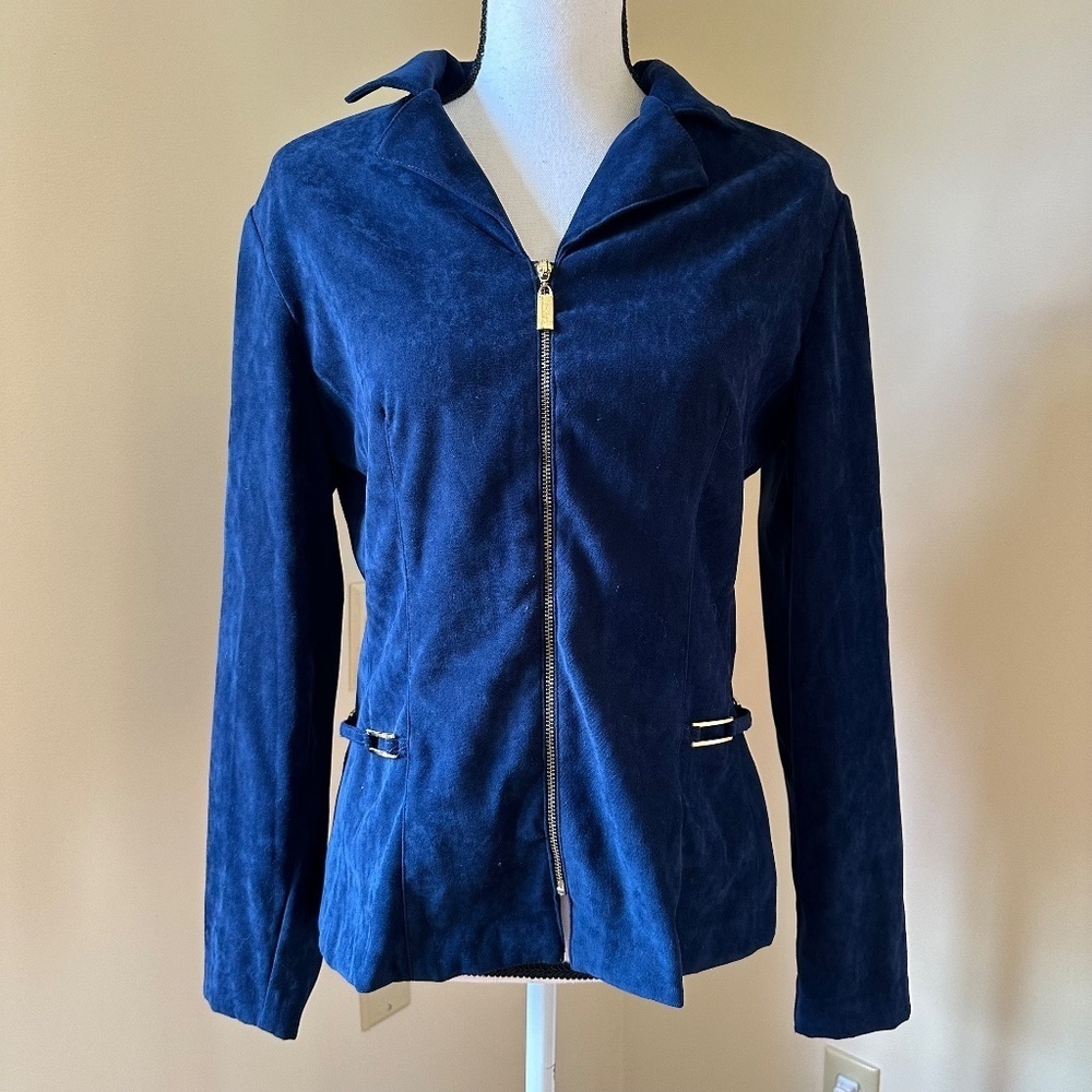 *DRESSBARN* Blue x Gold Suede Long Sleeve Zip-Up Sweater Size 10